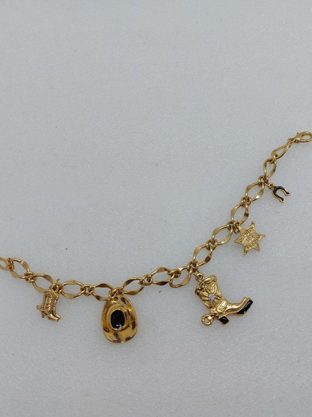 Gold Tone Western Theme Charm Bracelet Hat Boots Badge & Horseshoe